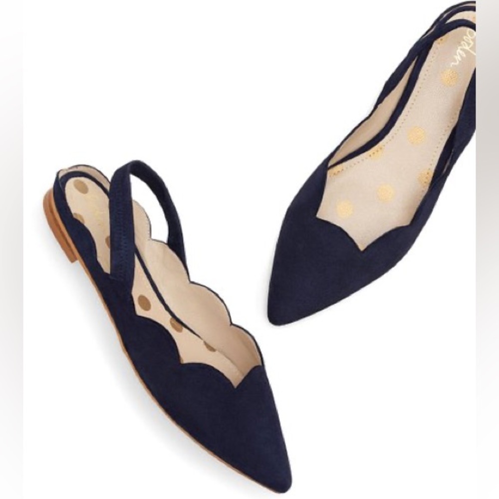 NWT BODEN Lillian Slingback Pointed Toe Scalloped Flats |Navy | Size 8